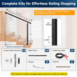 Gyykzz 36" Porch Stair Cable Railing Post Kit, All Black Staircase Railing System for Outdoor Porch Wood Post, Including 1 Pack Sair Rail Post, 50FT Black 1/8" Cable, 10 Thread Swage Lag Screws