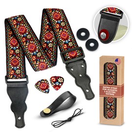 Guitar Strap For Acoustic, Electric and Bass Guitar, Red Woven Vintage Embroidered Adjustable Strap Includes 2 Strap Locks To Keep It Safe & 2 Unique Picks and Pick Pocket, Best Gift for Men & Women
