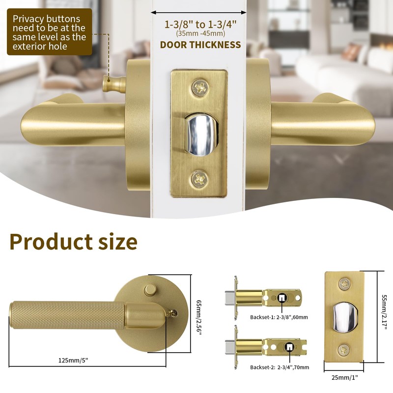 Bak Bo Interior Privacy Door Handle with Lock, Indoor Knurled