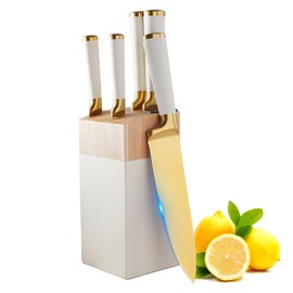 Kitchen Knife Set with Block and Sharpener, 7-Piece Knife Set for Chef, Beige Knife Holder Set, Gold-Plated Stainless Steel Kitchen Knife, Ergonomically Designed (Beige)
