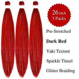 Gozill Red Braiding Hair Pre stretched Sparkle Tinsel Braiding Hair Ez braid prestretched Kids Braiding Hair 26 inch