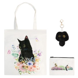 NVGVUP Cat Tote Bag, Canvas Tote Bag and Makeup Bag for Women, Reusable Shopping Bag with Pocket, Casual Bag with a Plush Toy Cat Keyring, Gifts for Women Teachers Girls Friends Sister