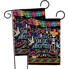 Angeleno Heritage Colorful Dia de Muertos Garden Flag 2pcs Pack Fall Day of Dead Los Fiesta Mexican Party Autumntime House Decoration Banner Small Yard Gift Double-Sided, Thick Fabric, Made in USA