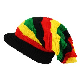 Itzu Rasta Oversized Knit Slouch Peak Beanie Cap Hat in Black (Striped Twin Line)