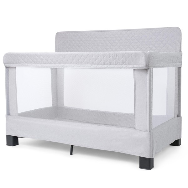 Baby Delight Horizon Full Size Crib, Breathable Mesh Walls, Tool-Free Assembly Baby Bed, Luxe Quilted Easy to Clean Fabric, Grey