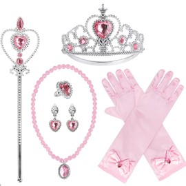 DERAYEE Princess Gloves for Cosplay, Princess Elsa, Kids, Children's Costume, Costume, Anna Snow Gloves, Party, Tiara, For 6 Years Old, Magic Stick Set (Pink)
