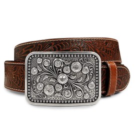 BS118-HA3342 Western Rhinestone Buckle Belt Genuine Full Grain Floral Engraved Tooled Leather Belt 1-1/2"(38mm) Wide (Tan, 44)