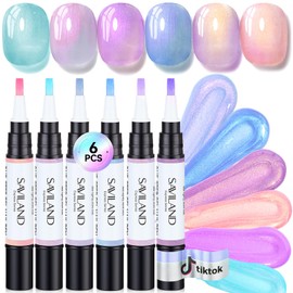 SAVILAND One-Step Gel Nail Polish Pens Set: 6 Pearl Pink Blue Colors 3 in 1 Gel Polish Set Base & Color Gel & Top in a Pen for Aurora Effect Easy to Use Travel 4ml (U V Lamp Needed)