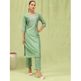 VredeVogel Kurta Set with Dupatta | Silk Blend Kurta Set for Women | Women's Ethnic Casual Kurti Set |Kurta Pant Festive Suit (Pista_2X-Large)