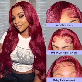 AYMMOLI 30 Inch 99j Burgundy Lace Front Wigs Human Hair 13x4 HD Red Burgundy Wig Human Hair 200% Body Wave Lace Front Wigs Human hair Pre Plucked Glueless Frontal Wigs Human Hair for Women