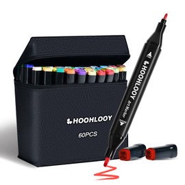 HOOHLOOY 60 Colors Upgraded Alcohol Marker Set, Brush Chisel Double Head Art Marker for Artists Adult Coloring, Sketching, Painting, Comes with Storage Bag
