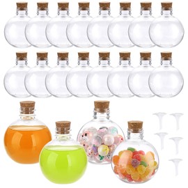 BTSKY 20 Pcs 8 oz Plastic Bottles with Corks, Clear Sand Art Bottles with Funnels, Mini Potion Bottles Essential Oil Containers Candy Boxes for DIY Craft Wedding Party Home Decoration, Ball Shape