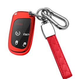 Houking for Jeep Key fob Cover,Soft Protector Case Key Shell with Leather Keychain,Fit for Chrysler 200 300 Grand Cherokee Durango Charger Challenger Journey Renegade RAM Remote Key,Key Case Red