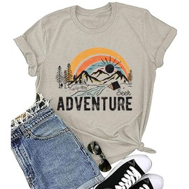 Women's Cute Workout Shirts Motivational Seek Adventure Lettering Printed T-Shirt Novelty National Park Hiking Tee Tops, Khaki Large