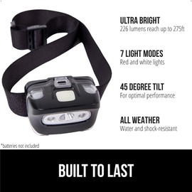 GORILLA GRIP Ultra Bright High Lumens LED Head Lamp, 7 Light Modes Water Resistant IPX4 Headlamp, Adjustable Headband, Battery Powered Outdoor Running, Camping Forehead Flashlight Lamps, 1 Pack Black