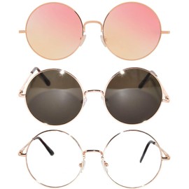 OWL Oversized Round Hippie Sunglasses, UV 400 Protection, Metal Frame, Costume Accessory Mirror Tinted Clear Lens 3 Pack