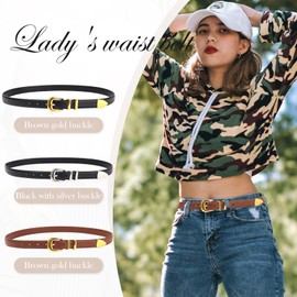 Qiapu Thin Belts for Women Gold Buckle Belt for Jeans Fashion Adjustable Leather Womens Belt Black, Black-gold Buckle+ Brown-gold Buckle, Fit Wasit Size 25"-32"