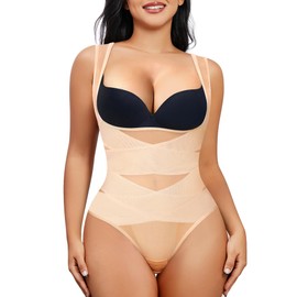 Nebility Thong Shapewear Bodysuit for Women Tummy Control Body Shaper Faja Seamless Waist Trainer Corset Stomach Girdles(X-Large,Beige Thong)
