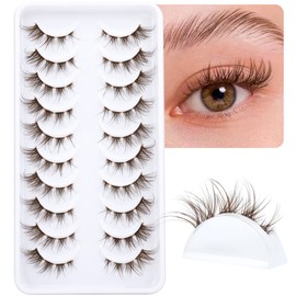 Brown Lashes Natural Look False Eyelashes Wispy Strip Eyelashes Cat Eye Lashes Brown Fake Eyelashes 10 Pairs Fuzzy Eyelash with Clear Lash Bands
