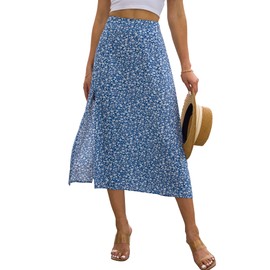 NENONA Womens 2024 Summer High Waisted Flowy Slit Midi Skirts Casual Lightweight Boho Floral Beach Skirt(Blue-S)