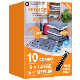 10 Pack Vacuum Storage Bags (5 x Large, 5 x Medium), Space Saver Sealer Compression Bags with Travel Hand Pump for Blankets, Comforters, Pillows, Clothes Storage