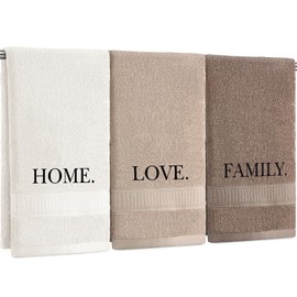 FuWeave 3 Pcs Farmhouse Decorative Hand Towels for Bathroom and Kitchen Rustic Embroidered 100% Cotton Hand Towels Decorative Set for Boho Bathroom Decor (Brown,Home,Love,Family)