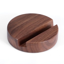 HekouJiub Walnut Wood Phone Stand, Single Slot Round Portable Mobile Cell Phone Holder, Minimalistic Modern Desk Tabletop Organizer for Kitchen Bathroom Office Accessories
