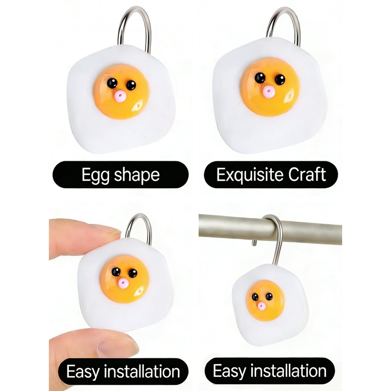 12 Pcs Fried Egg Shower Curtain Hooks, Cute Resin Decorative