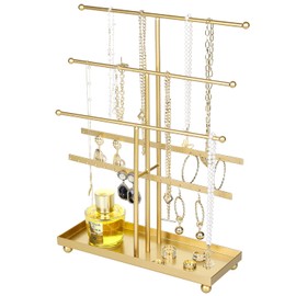 MyGift Soporte organizador para joyería, collares y pulseras, hecho de metal en color dorado tiene 5 niveles y una bandeja para anillos
