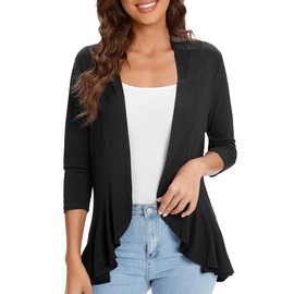 Urban CoCo Women's Casual Lightweight Open Front Cardigan Soft Draped Ruffles 3/4 Sleeve (Black, M)
