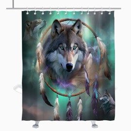 TheBlackSpot Wolf Dream Catcher Shower Curtain Native American Bath Curtains Decor Sets Grommet with Hooks (60" W×72" L) Blue and Brown