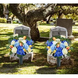 Saxili Artificial Cemetery Flowers for Grave,Memorial Flowers Bouquet with Vase for Headstones Decoration,Blue Rose Tulip Hydrangea