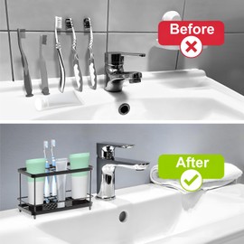 Toothbrush Holders for Bathrooms, 7 Slots Stainless Steel Toothbrush Toothpaste Holder, Bathroom Accessories Organizer Accessories with Tray for Countertop & Sink Black