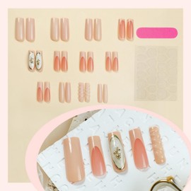 3d Press on Nails Long Square Fake Nails Glossy Full Cover Acrylic Nails with Rose Water Wave designs Autumn False Nails with Glue on Nails Prettey Nails for Women Girls Fall Nails Decor