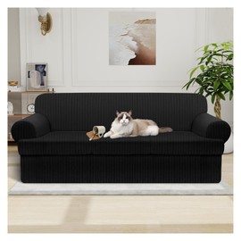 Pfrstuv Waterproof Couch Cover 4-Piece Set Striped Sofa Slipcovers for 3 Separate T Cushion Couch - TPU Fabric Sofa Covers Leakproof Couch Protector for Kids, Pets(3 Cushion Sofa, Black)
