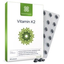 Healthspan Vitamin K2 75 mcg, Bone and Blood Health, Purest and Most Active Form, Vegan, 60 Capsules
