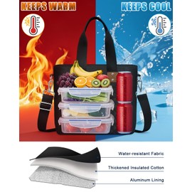 Insulated Lunch Box for Women & Men - Large Thermal Lunch Bag Women with Removable Shoulder Strap, Reusable Lunch Cooler Tote Bags Purse for Adults Work, Picnic, Hiking, Beach, Travel, Large，Black