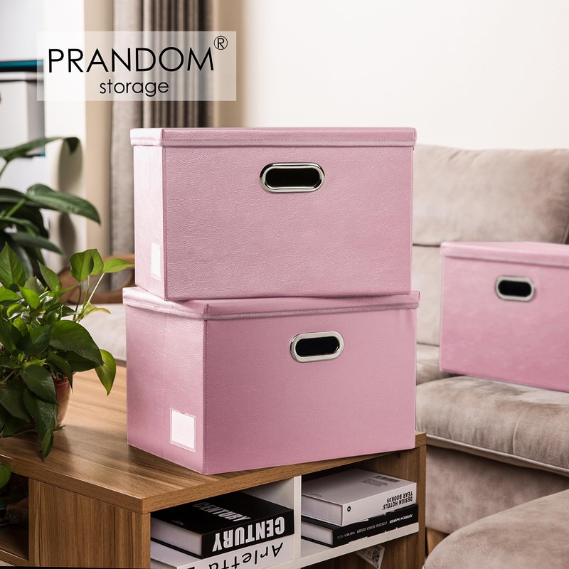 PRANDOM Large Stackable Storage Bins with Lids [3-Pack] Leather Fabric