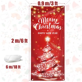 COLOFALLA Merry Christmas Door Cover Christmas Door Decorations 90 * 200cm Christmas Tree Xmas Door Decoration with Ribbon Christmas Backdrop Merry Christmas and Happy New Year