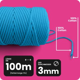 Netuno 1x Macramé Yarn, Light Blue, 3 mm 100 m Cotton Cord with Cotton Core, Craft Yarn, Natural Cotton Yarn, Craft Cord, Cotton Thread, Macramé Cotton Cord