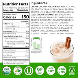 Orgain Organic Vegan Protein Powder, Horchata - 21g Plant Based Protein, 9g Prebiotic Fiber, Low Net Carb, No Lactose Ingredients, No Added Sugar, Non