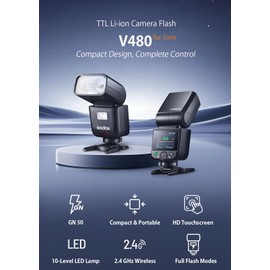 Godox V480 for Sony GODOX TTL Flash – GN50/1.7s Recycle/650 Flash Time/HSS/Smart Distance Readout/10 Level LED Modeling lamp/2.0” Touchscreen/2.4G Wireless System/TTL Camera Flash for Sony ZV-E10 etc.