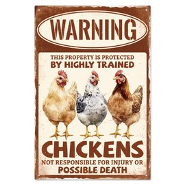 WADORN Funny Chicken Retro Metal Tin Sign, Warning This Property Is Protected By Highly Trained Chickens Vintage Metal Signs Chicken Coop Rustic Decor Gifts for Farmhouse Chicken House, 7.8x11.8 Inch