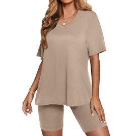 AGSEEM 2 Piece Outfits For women 2024 Summer Fashion Biker Shorts Sets Tracksuit Khaki M