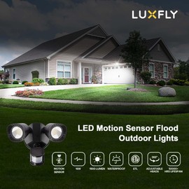LUXFLY LED Motion Sensor Outdoor Light, 16W 1900LM 5000K Daylight, IP65 Waterproof Flood Lights, 2 Head Dusk to Dawn Motion Detected Security Light for Patio, Garage, Yard-Black