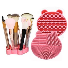 2 in 1 Silicone Makeup Brush Cleaning Pad and Brush Drying Storage Stand Holder - Portable for Travel Brush Accessories (PINKY)