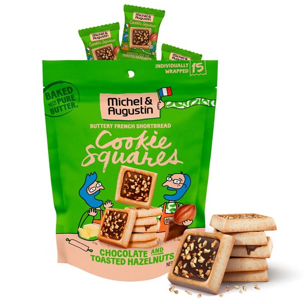 Michel et Augustin Gourmet Chocolate Cookie Squares | Milk Chocolate & Hazelnut | Individually Wrapped European Cookies | 15 French Shortbread Cookies