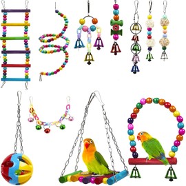 Bird Swing Chewing Toys, 11 Packs Brightly Colored and Sturdy Parrot Hammock Bell Toys,Parrot Cage Toy Bird Perch with Wood Beads Hanging for Small Parakeets, Finches,Budgie, Love Birds,Canaries