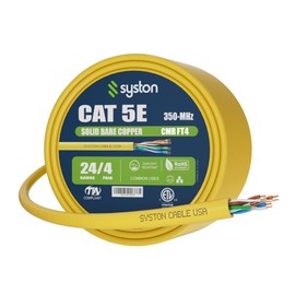 Syston Cable Technology Cat 5e Ethernet Network Cable - 130 FT，350MHz 24AWG Solid Bare Copper Wire Outdoor/Indoor, Bulk No Ends 10 Ft to 1000 Ft Available, Heat Resistant Riser Rated - CMR