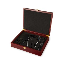 TRUE Wine Tools Boxed Kit with Lever Corkscrew Foil Cutter, Chrome Bottle, Aerator Pourer, 2 Worms, Champagne Stopper, Set of 7, Brown